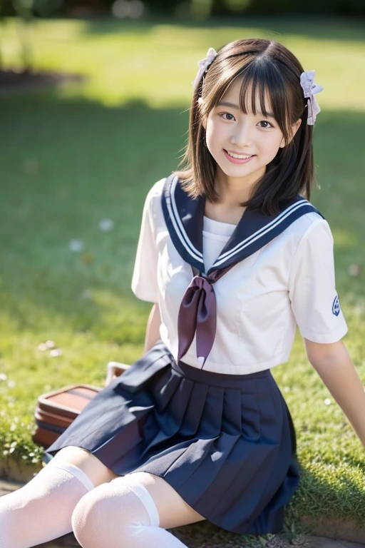 (((​masterpiece))),  (Two beautiful Japan girls, classmates, Innocence，kawaii) ，超A high resolution, Realistic, ultra-detailliert, 8K,top-quality, Extremely detailed, Detailed background,A slender,very beautiful japanese girl, Detailed face:1.3), (Boyish short-haired，A dark-haired :1.4), (a baby face，kawaii系,adorable 14 year old girl), (Perfect body:1.1),  (Neat sailor suit，Dark blue pleated mini skirt、White High Socks、lowfers), ,Two beautiful girls sitting on the grass in the park，Provocative smile,Show your beautiful teeth,rosy cheeks，White lace panties are visible，Super Detailed Face、Detailed lips、A detailed eye、small gravure idol，Transparent skin、Lori，japanese hight school uniform