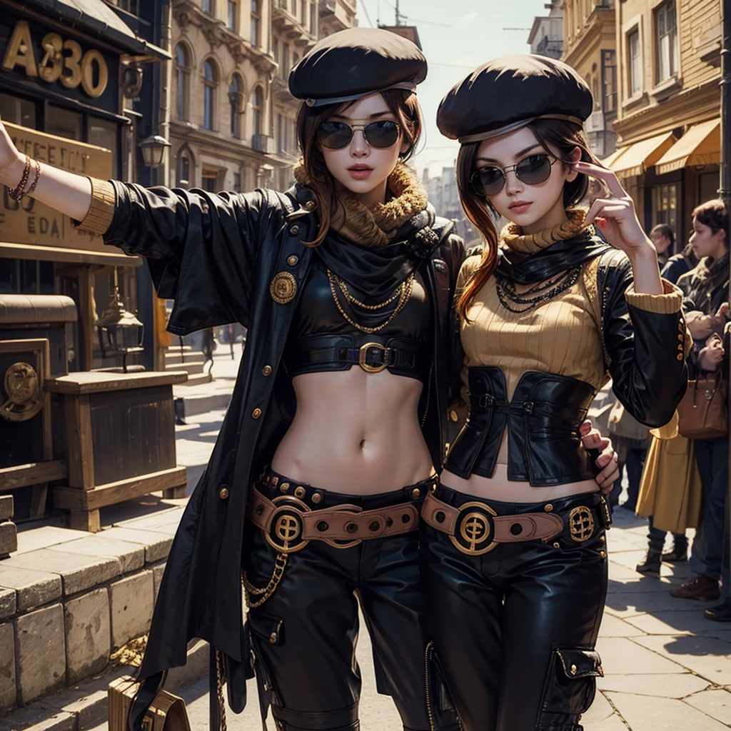 (masterpiece, best quality:1.2), cowboy shot, solo, 1girl, coco adel, grin, looking at viewer, hand on hip, beret, sunglasses, orange sweater, corset, black gloves, pants, jewelry, belt, bandolier