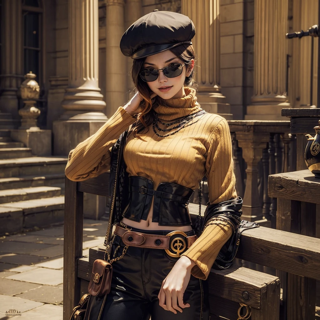 (masterpiece, best quality:1.2), cowboy shot, solo, 1girl, coco adel, grin, looking at viewer, hand on hip, beret, sunglasses, orange sweater, corset, black gloves, pants, jewelry, belt, bandolier