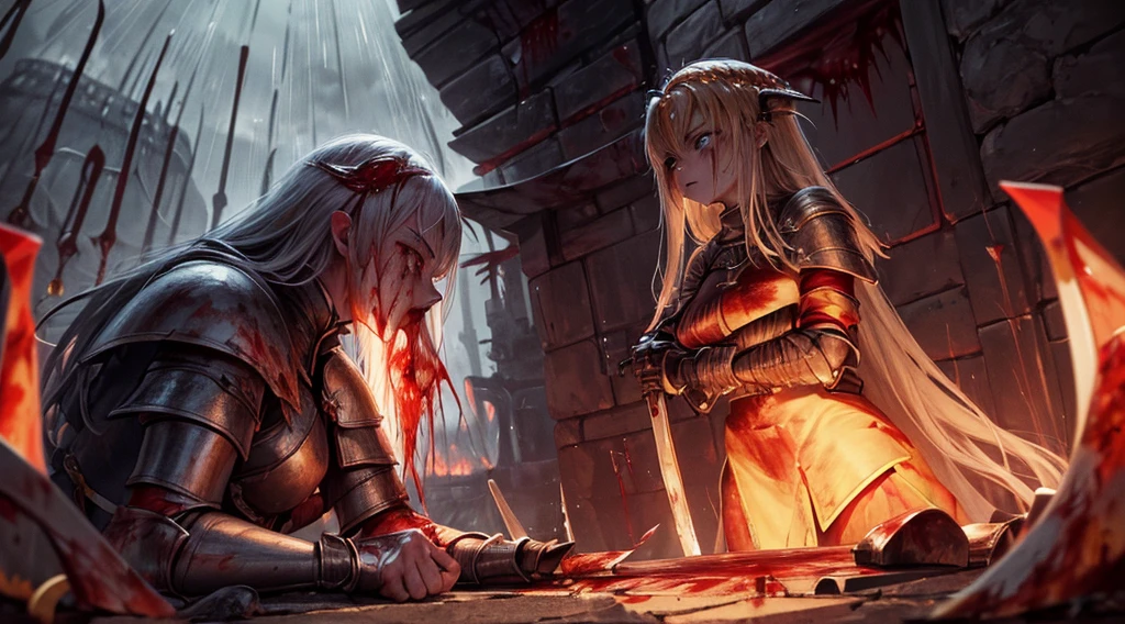 masterpiece,best quality,ultra detailed,1Female Knight,upper body shot,The fire sword,blonde hair,long hair,blue eye,straight hair,(ThunderStorm:1,5),darksouls,(fire:1.4),(Rainy:1.1),((blood dripping from mouth:1.2)),(((profuse bleeding:1.6))),palace