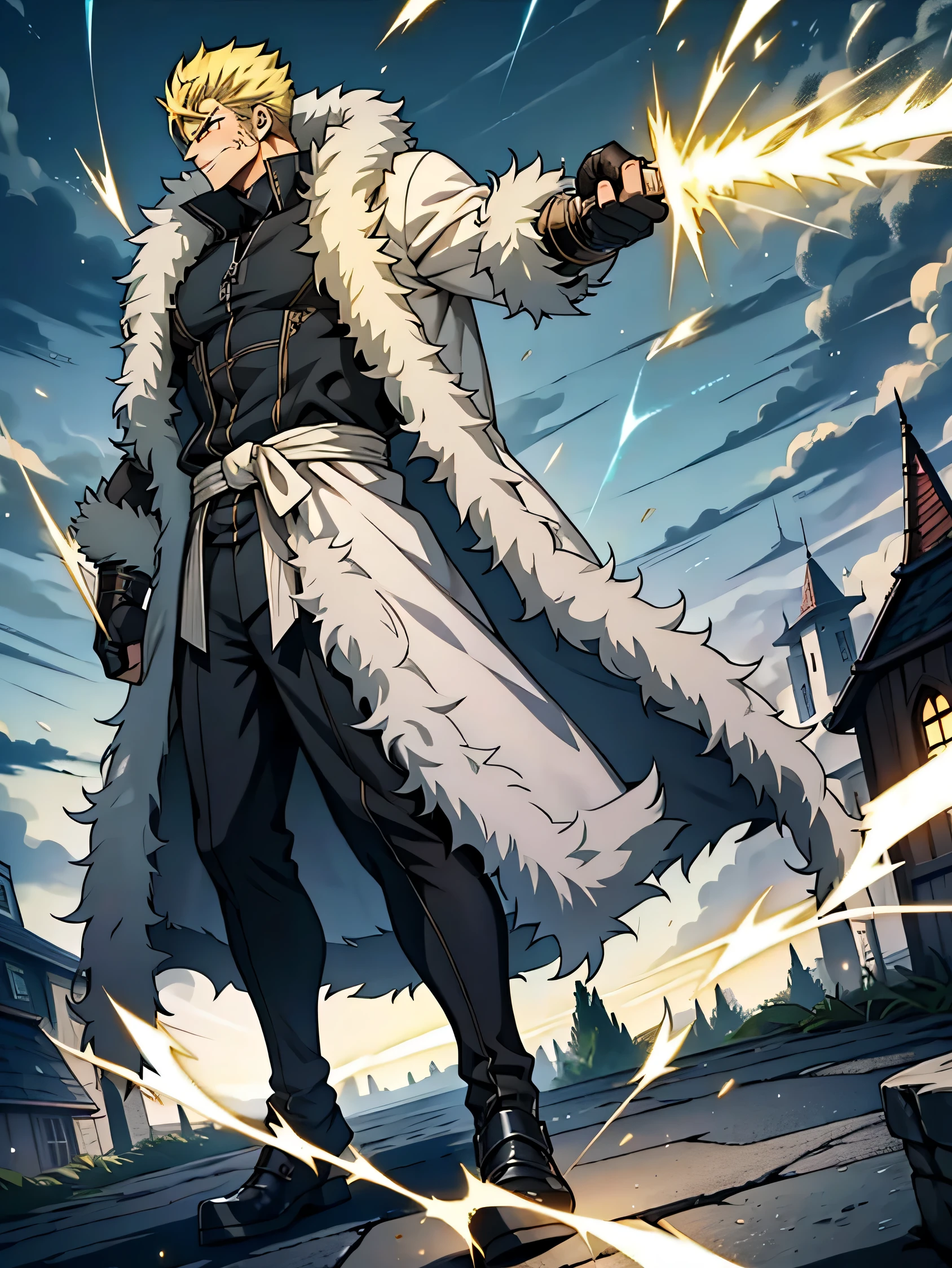 full - body, dynamicpose, (Masterpiece), Best Quality, expressive eyes, Lightning scar on the eye, a perfect face, , foot vision, (full - body)+, Laxus_Dreyar, blonde hair, gray eyes, Large, muscle male, with a sinister smile, in an open fur coat with light armor, a, Stormbreaker in his hand, there is a black cloak, Around the zipper