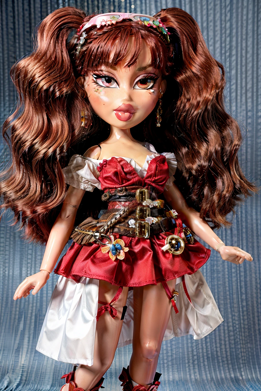 Bratz girl with detailed eyes and big lips and red hair, wearing versace red flowers dress, full body , plastic skin , doll joints , ,(masterpiece, top quality, best quality, beautiful and aesthetic:1.2), onozuka komachi, green_hair, bow, ribbon, , doll, revealing clothes, big head, 1girl, solo, breasts, curvy, wide hips, narrow waist, joints, doll joints, cleavage, bursting breasts, huge breasts, lips, 1girl,red eyes, hair bobbles, red hair, two side up, short sleeves, puffy sleeves, sash, obi,tabi, blue dress, midriff, full body, high heels, thighhighs, long legs