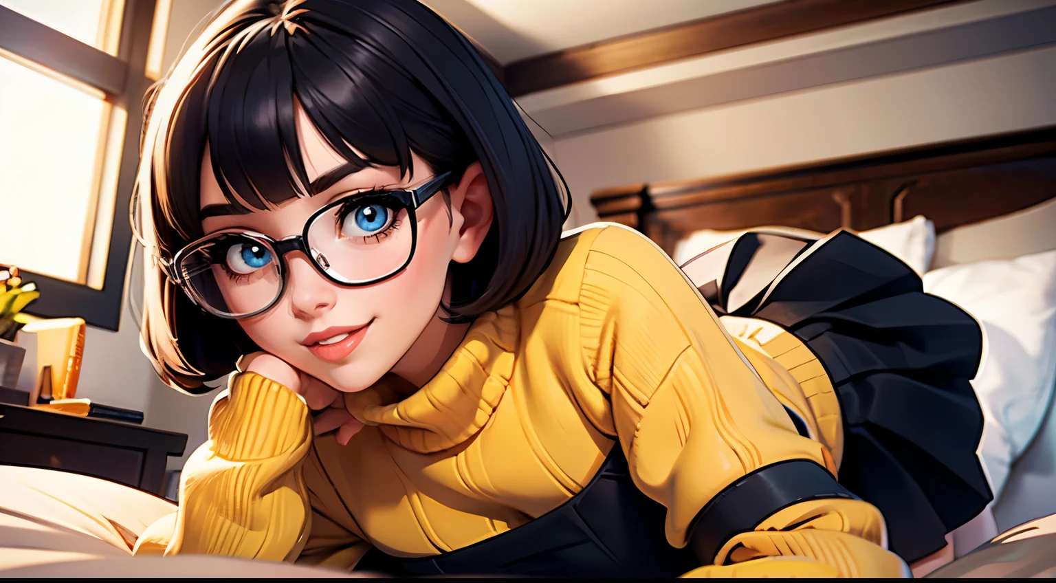 HD, 8k quality, masterpiece, Velma, dream girl huge tits, beautiful face, kissing lips, short bob hairstyle, long bangs, perfect makeup, realistic face, detailed eyes, blue eyes, brunette hair, eyelashes, smile grin, bedroom, lying on bed, showing cameltoe, eyes at viewer, orange knitted turtleneck sweater, clear lens glasses, red school girl skirt, view from below,