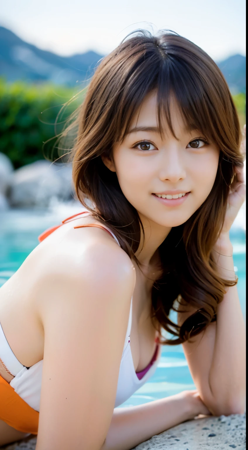 (((solo person))),(((A beautiful athlete rests while holding a hand towel and putting his feet in the hot water, sitting on a rock in the rock-made mixed bathing area of a hot spring inn.))),(((masutepiece:1.6))),(((ulzzang-6500))),(((perfect anatomia))),(((Deep depth of field with Hasselblad))),(((beautiful waistline))),masterpiece,top-quality,超A high resolution,High resolution full body portrait,(photographrealistic:1.4),(((High nose and chiseled beautiful face))),(((Long limbs like a model))),Fair skin is dazzling,(((A small string bikini made of sheer material that digs into your body.))),I put my feet in the hot spring and look up at the sky with my mouth open feeling good.,((Take a picture of your narrowed waist from the front)),20yr old,cute little,Her long, lustrous chestnut hair is tied back and the nape of her neck is very sexy.,((Plump F cup bust and narrow waistline),(Close your mouth and smile shyly),A detailed eye,((Gravure photoshoot at a hot spring inn)),((Don't look at the camera)),Cute big eyes and long eyelashes,Distinct double eyelids,((shiny thick lips)),(((perfect anatomia))),