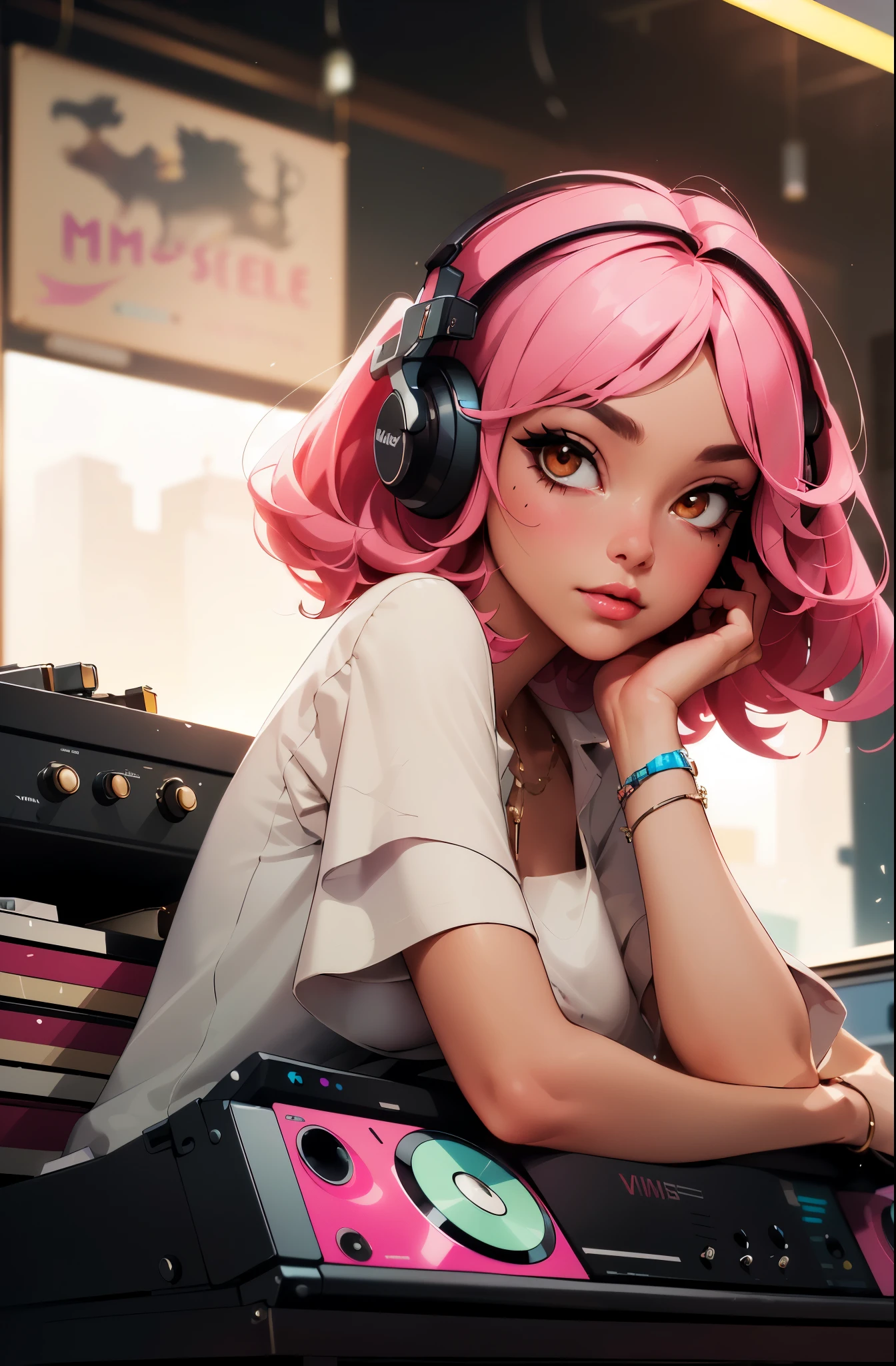 (masterpiece, best quality:1.2), ultra-detailed, soft light, natural lighting, cinematic light, film grain, (depth of field), (1woman, solo:1.5), mature woman, perfect female form, (perfect face, detailed face, glossy lips, eyeliner), short hair, pink hair, (mixtape:1.3), (music store, discs, vinil, radio, amplifiers, speakers),