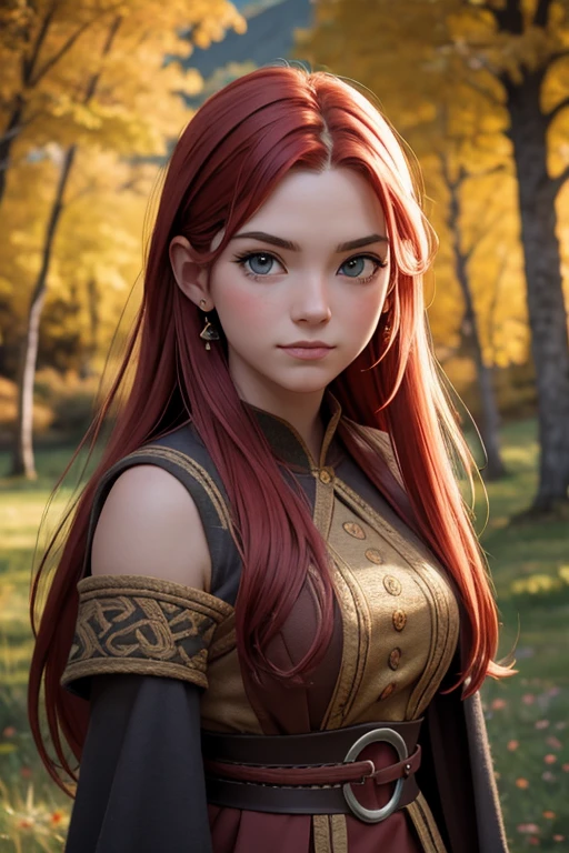[Retrato de cuerpo entero] [Nordic fashion model aged 18-23]  [color de cabello rojo] [vestido como un estilo vikingo de guerreros] [Happy expression on face] [Photo taken in a mountainous and spring landscape] [type of illumination: natural  lighting], extremadamente realista, 8k, detalles locos, detalles intrincados, bellamente graduado de color, Color Grading, Cinematographer editorial, Cinematographer, bokeh, tomada con una lente de 60 mm, ISO 300, f / 4, 1/200th