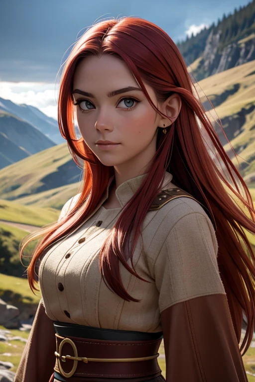 [Retrato de cuerpo entero] [Nordic fashion model aged 18-23]  [color de cabello rojo] [vestido como un estilo vikingo de guerreros] [Happy expression on face] [Photo taken in a mountainous and spring landscape] [type of illumination: natural  lighting], extremadamente realista, 8k, detalles locos, detalles intrincados, bellamente graduado de color, Color Grading, Cinematographer editorial, Cinematographer, bokeh, tomada con una lente de 60 mm, ISO 300, f / 4, 1/200th