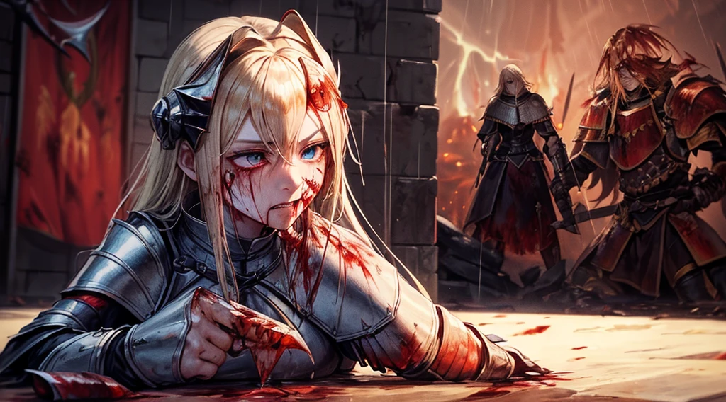 masterpiece,best quality,ultra detailed,1Female Knight,(corpse),upper body shot,The fire sword,blonde hair,long hair,blue eye,straight hair,(ThunderStorm:1,5),darksouls,(fire:1.4),(Rainy:1.1),((blood dripping from mouth:1.2)),(((profuse bleeding:1.6))),castle town