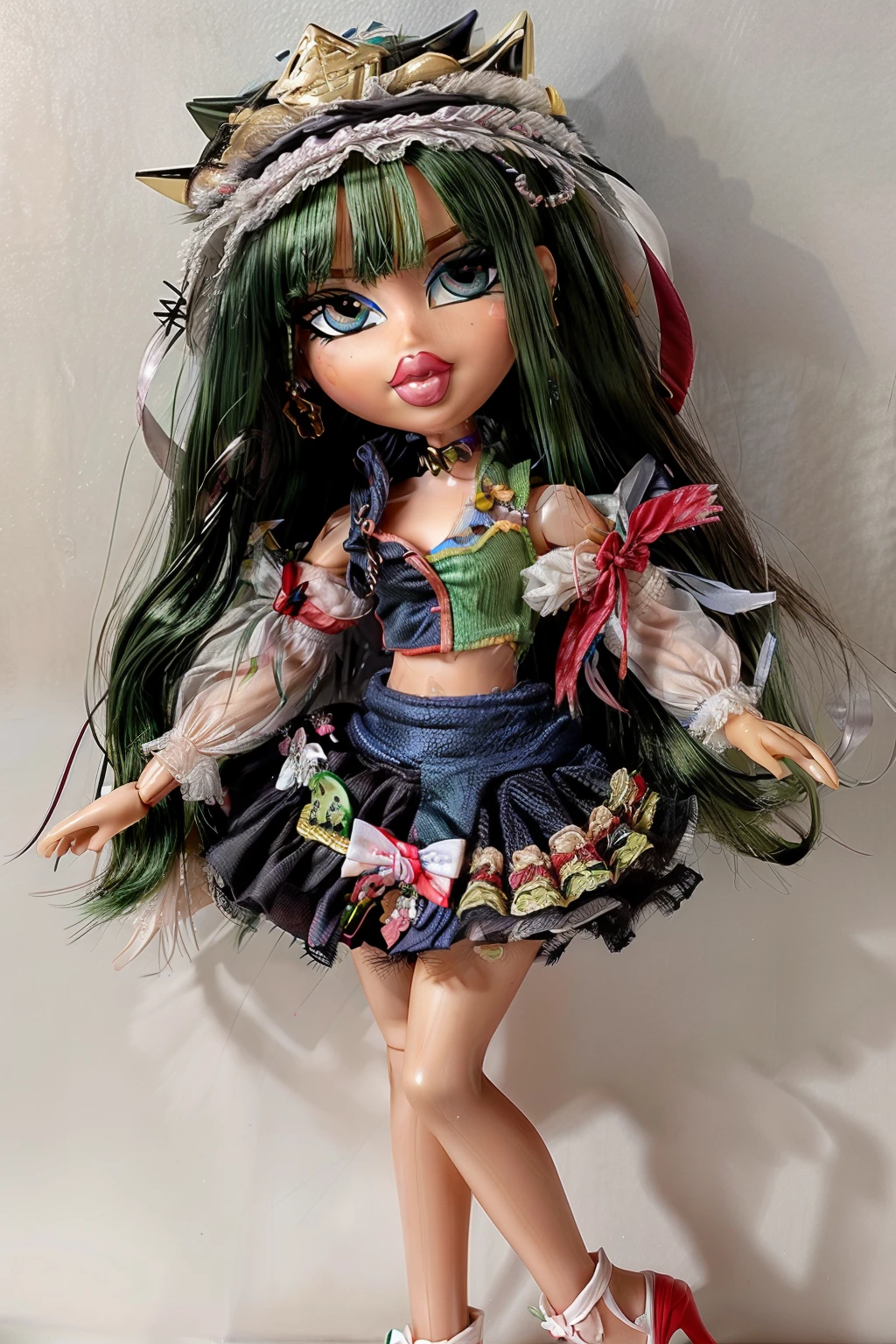 Bratz girl with detailed eyes and big lips and blue hair, wearing versace red flowers dress, full body , plastic skin , doll joints , ,(masterpiece, top quality, best quality, beautiful and aesthetic:1.2), yasaka kanako, green_hair, bow, ribbon, , doll, revealing clothes, big head, 1girl, solo, breasts, curvy, wide hips, narrow waist, joints, doll joints, cleavage, bursting breasts, huge breasts, lips, 1girl,rope,mirror,red eyes,purple hair,short hair,leaf hair ornament,shirt, skirt, midriff, full body, high heels, thighhighs, long legs
