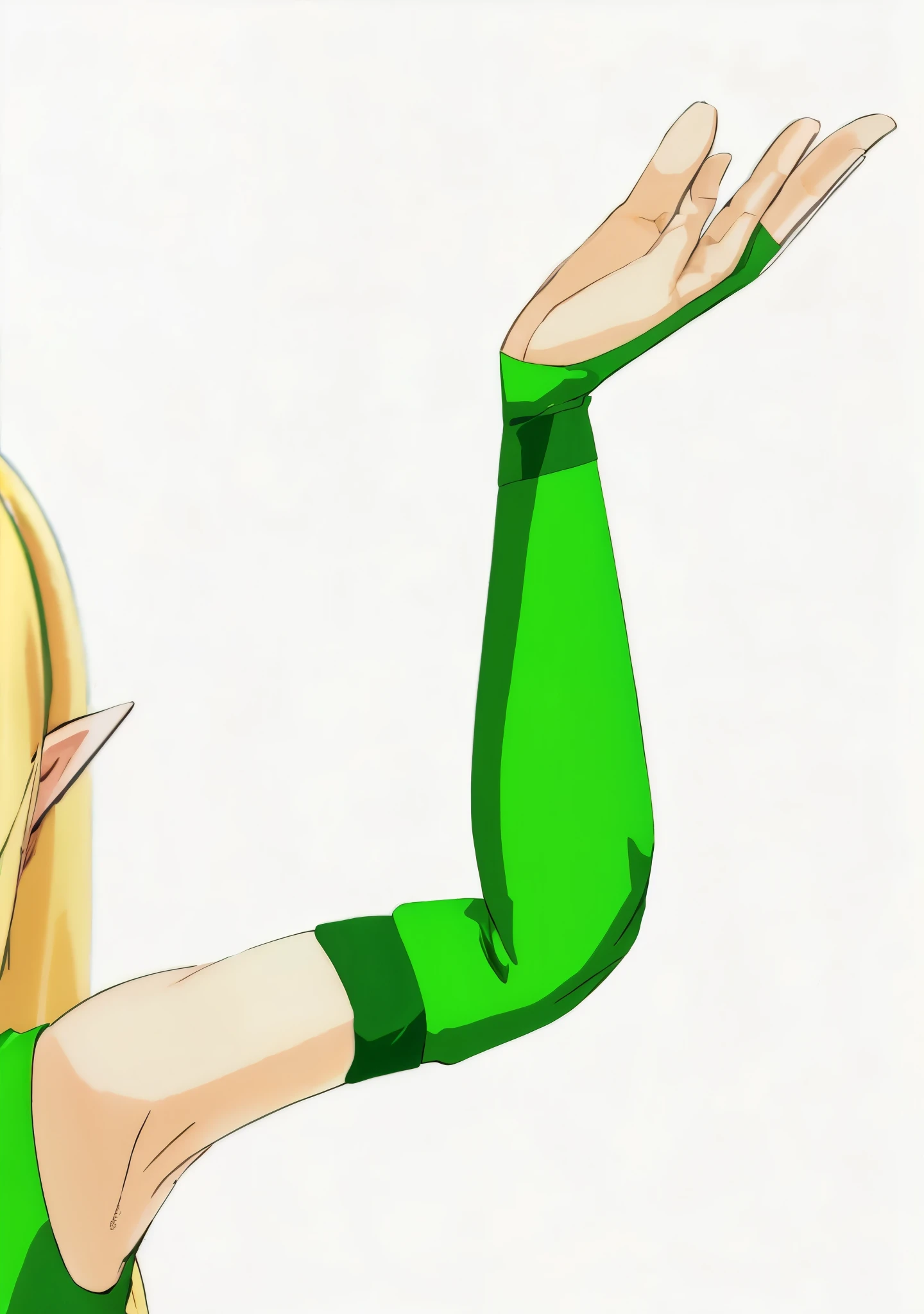 anime girl with green hair and green gloves waving,