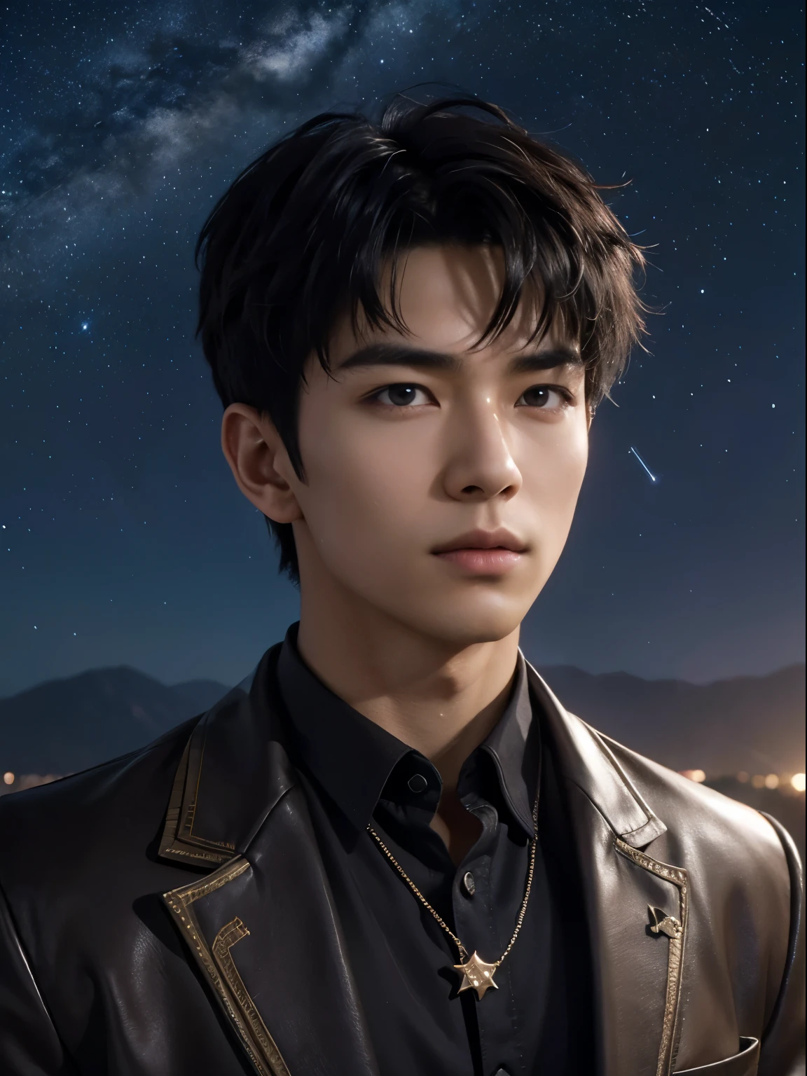 (photorealistic, masterpiece, 8K HD, good lighting quality, portrait, closing up on face, intricate details), a handsome young vietnamese man, 25 years old, sharp gaze, detailed face, detailed eyes, looking at the sky, wearing short-sleeved jacket over shirt, necklace, dark brown eyes, (tanned skin), slim build, black hair, smooth hair, hair bangs, short hair, outdoors, dawn, stars, constellation, cosmical, dreamy world, surrealism, ethereal