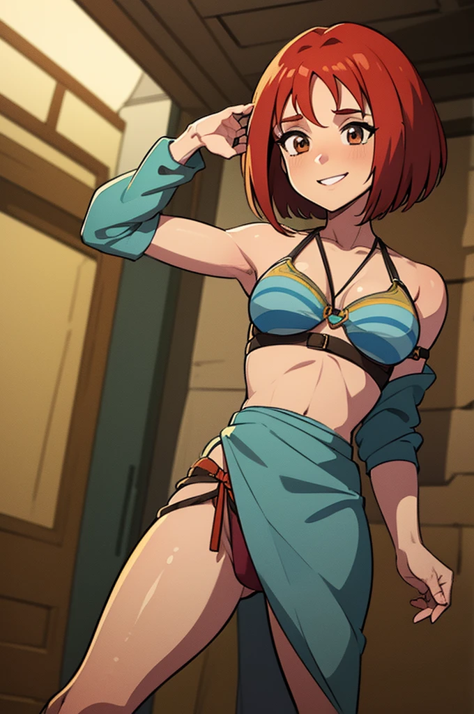 ((1 girl)), solo, insanely detailed, beautiful, masterpiece, medium breast, ((hot)), look at viewer, will, vandom, (short hair), red hair, light brown eyes, jungle, ancient ruins, blush, smile, 25 years old, harem girl, harem outfit, ((loincloth)), sexy pose, aroused