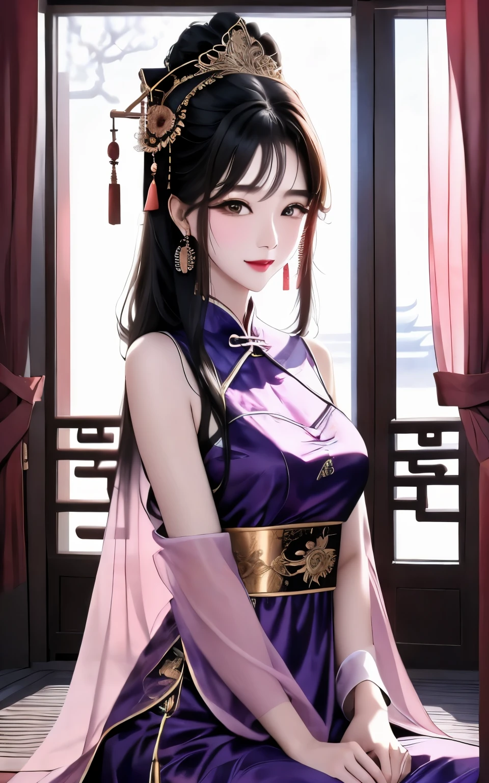 natta,Beautiful Chinese girl,Shoulder skin,Elaborate Eyelack gown,asian architecture interior,Pink curtaintravagant furnishings,natta,blueglow,natta,rays of moonlight,