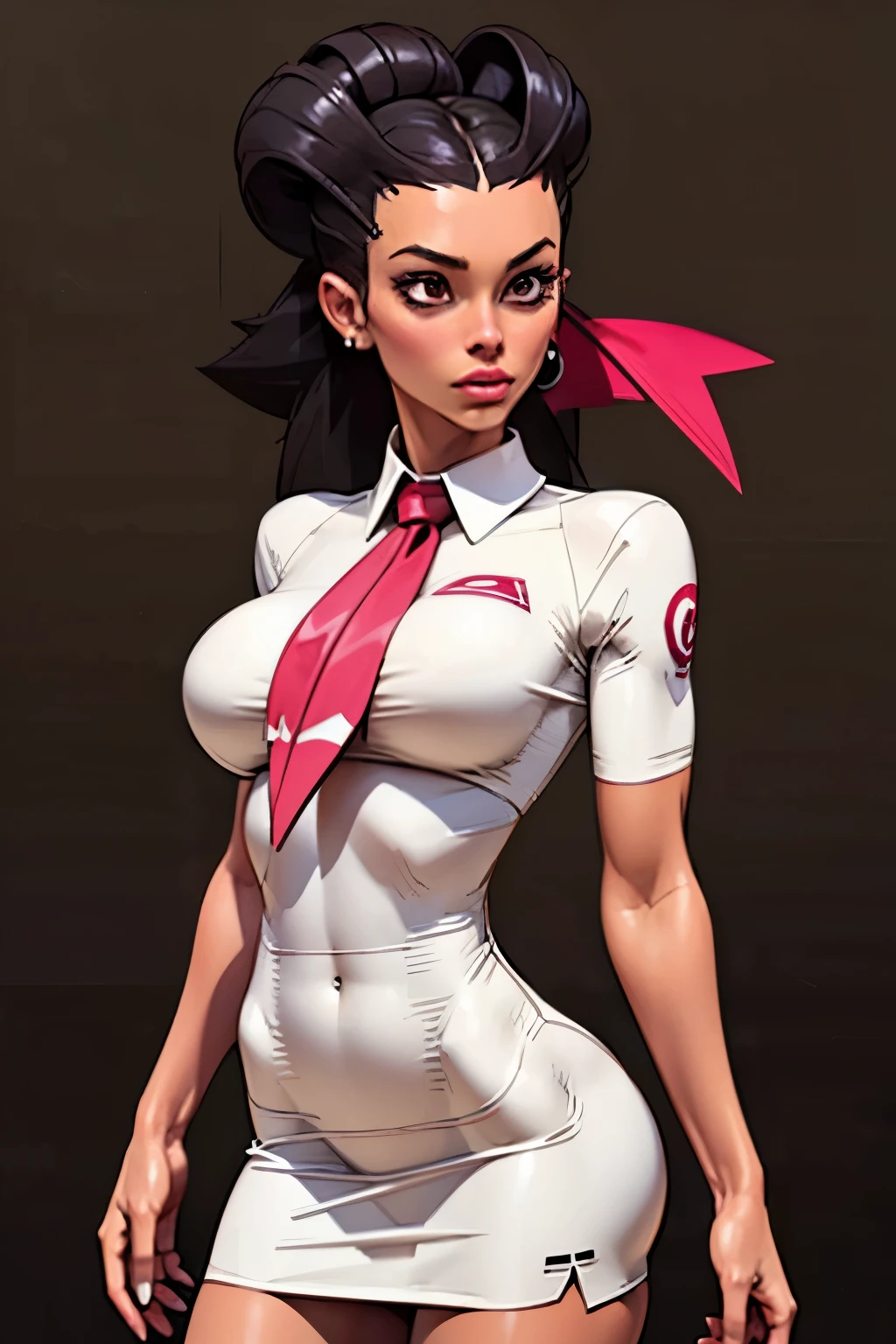 Masterpiece, portrait, Generate an illustration of a mature Roxanne, gym leader of pokemon , (lightgray dress), hd, holding a pokeball  all,  de terno preto, pink ascot,(( long black hair)), twin ponytail, ((detailed face)),shiny hair, (perky breasts:1.2), collared shirt under dress, outfit in anime format with a serious style, boots, make up, masterpiece, dark lighting, black background, ((puffy lips)),(slendered abs), beautiful face,