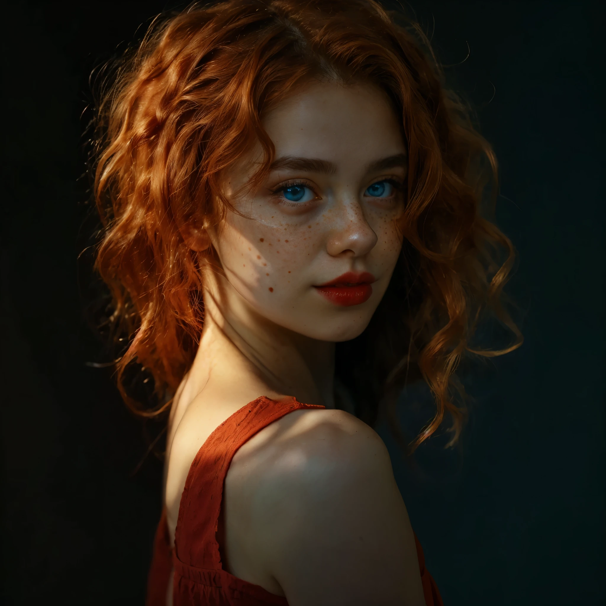 1girl, solo, freckles, blue eyes, looking at viewer, lips, realistic, portrait, curly hair, bare shoulders, wavy hair, orange hair, nose, red hair, red lips, parted lips, eyelashes, looking back