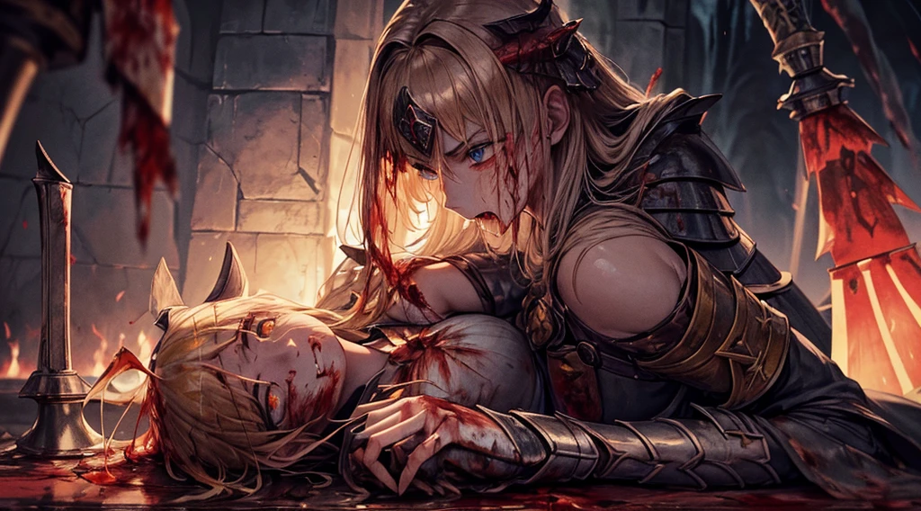 masterpiece,best quality,ultra detailed,(1 Fallen Female Knight),,upper body shot,The fire sword,blonde hair,long hair,blue eye,straight hair,(ThunderStorm:1,5),darksouls,(fire:1.4),(Rainy:0.9),((blood dripping from mouth:1.2)),(((profuse bleeding:1.6))),castle town