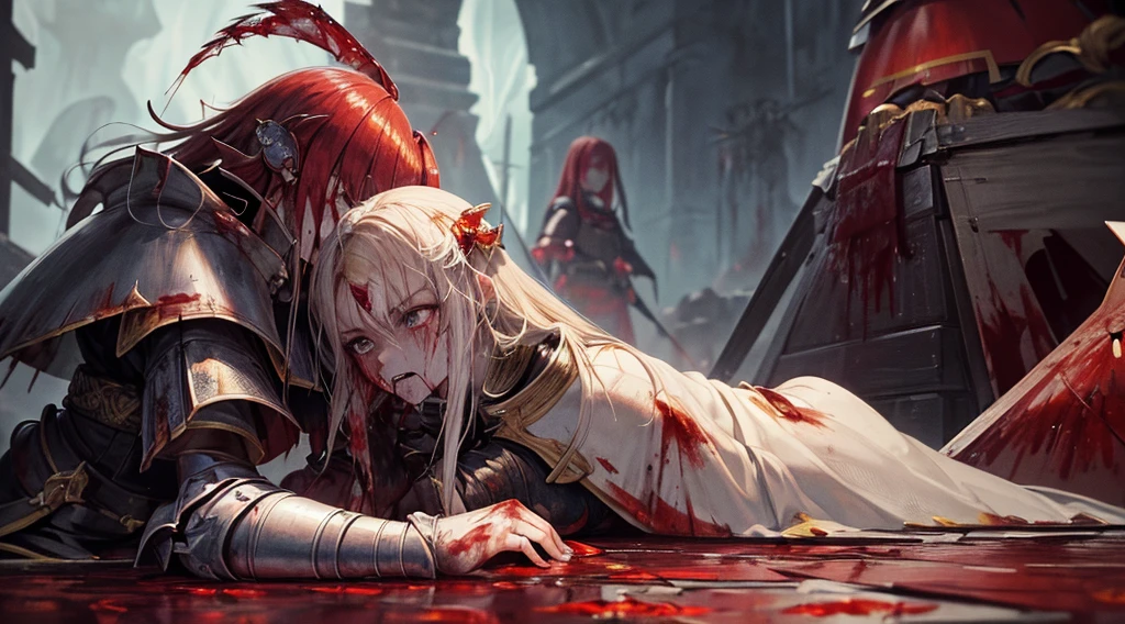 masterpiece,best quality,ultra detailed,(1 Fallen Female Knight),,upper body shot,The fire sword,blonde hair,long hair,blue eye,straight hair,(ThunderStorm:1,5),darksouls,(fire:1.4),(Rainy:0.9),((blood dripping from mouth:1.2)),(((profuse bleeding:1.6))),castle town
