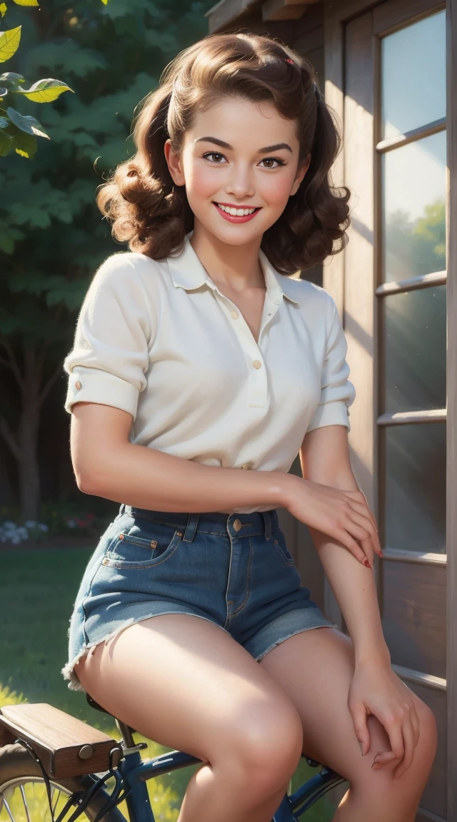 (masterpiece:1.4), (best quality:1.4), retro 1950s vintage pin-up style, extremely detailed, intricate, hyper-detailed, illustration, soft lighting,  girl, looks like my mom in 1949, light brown hair, 5’7” tall, 95 pounds skinny gangly pre-teen, 30AA-0, knobby knees, very very skinny androgynous athletic pre-teen girl, ed t-cloth mini shorts, bend_over, happy grin, (perfect_face), sitting on a bicycle, out door, garden, intricate, dramatic lighting, 4k, detailed_background, caustics, full_body, digital_illustration