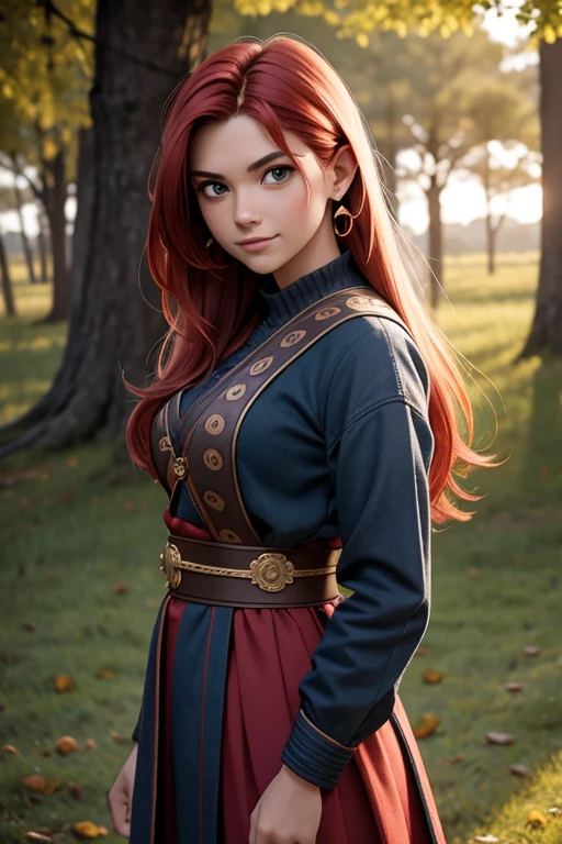 [Retrato de cuerpo entero] [Nordic fashion model aged 18-23]  [color de cabello rojo] [vestido como un estilo vikingo de guerreros]  [espada] [Happy expression on face] [Paisaje de bosque y primavera] [type of illumination: natural  lighting], extremadamente realista, 8k, detalles locos, detalles intrincados, bellamente graduado de color, Color Grading, Cinematographer editorial, Cinematographer, bokeh, tomada con una lente de 60 mm, ISO 300, f / 4, 1/200th