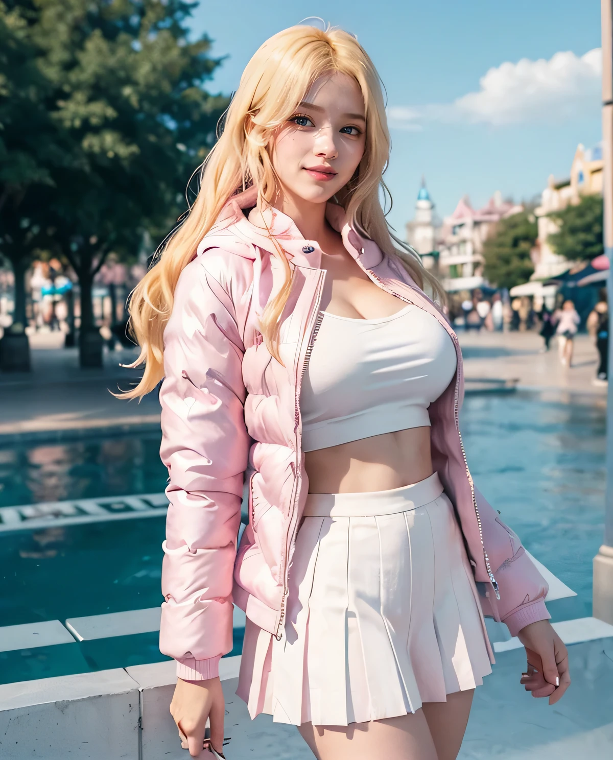 1girl, (Blue eyes), (Smile), (Sana Minatozaki), wide hips, Big Boobs, big ass, round butt, (Best Quality, 8k, Masterpiece: 1.3), perfect hands, Clear Focus: 1.2, Perfect Body Beauty: 1.4 , Slender Abs: 1.2, Highly detailed face and skin texture, detailed eyes, double eyelids, (blonde long bangs hair :1.2), (pink Women's Tank Tops Bodysuit Sexy Sleeveless Short Jumpsuits Rompers :1.3), standing, dynamic pose, in Disneyland park, attractions in the background