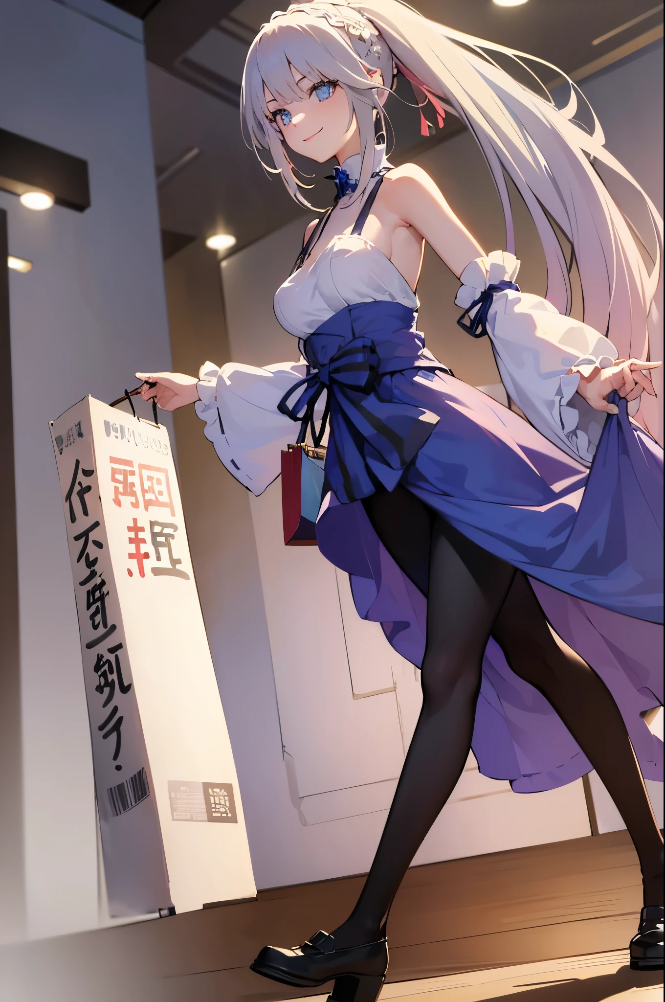 (Masterpiece), (Best Quality), (Super Detailed), (Dirty Hair), (Illustration), (1 Girl) (Long white Hair 1.5) (Blue Eyes) (blue inner hair), ((((No Shoulders))),Hanfu, (Looking at the Audience, (Interview), ( Background), Beautiful and Delicate Eyes, Delicate Beautiful Face, Soaring (High Saturation), Accent on Face, PerfectNwsjMajic, Shoulderless, fall clothes, facing the masses, perfect figure, happy, warm smile, full body, tights, shopping, mall,