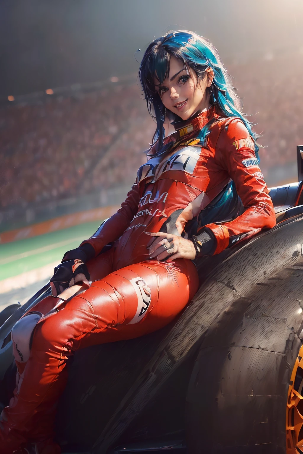 ((cuerpo completo):2) (({only one Women}:1.2):{((Dressed in red Formula 1 racer suit)1.2), ((Cabello largo y azul hasta los hombros, Brillantes ojos verdes) 1.3), ((Making an erotic pose in a Formula 1 car, Mirando al espectador, sonriente):1.3), ((senos extremadamente grandes):1.2)}, \n (({Hipodromia of Formula 1 racing, es de noche, lloviendo intensamente, Several people are in the stands}):1.3), anime, Anime style, 16k, ((La mejor calidad, Detalles altos):1.4), Obra maestra, UHD