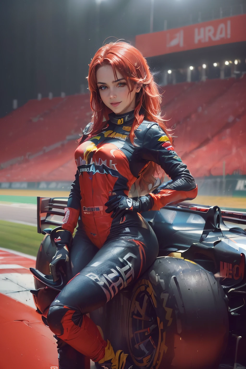 ((cuerpo completo):2) (({only one Women}:1.2):{((Dressed in red Formula 1 racer suit)1.2), ((Cabello largo y azul hasta los hombros, Brillantes ojos verdes) 1.3), ((Making an erotic pose in a Formula 1 car, Mirando al espectador, sonriente):1.3), ((senos extremadamente grandes):1.2)}, \n (({Hipodromia of Formula 1 racing, es de noche, lloviendo intensamente, Several people are in the stands}):1.3), anime, Anime style, 16k, ((La mejor calidad, Detalles altos):1.4), Obra maestra, UHD