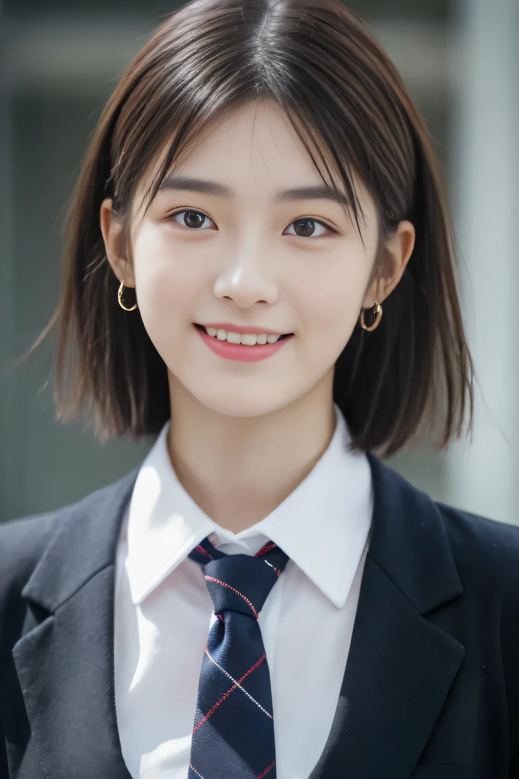 8K RAW photo, high resolution, 21 year old cool Korean, big round breasts, school uniform, tie, tie ribbon, blazer, skirt, beautiful eyes in detail, long eyelashes, beautiful double eyelids, eye shadow, slit eyes, sanpaku eyes, dark eye makeup, evil smile, beautiful thin legs, short hair gathered at the back, earrings, school classroom