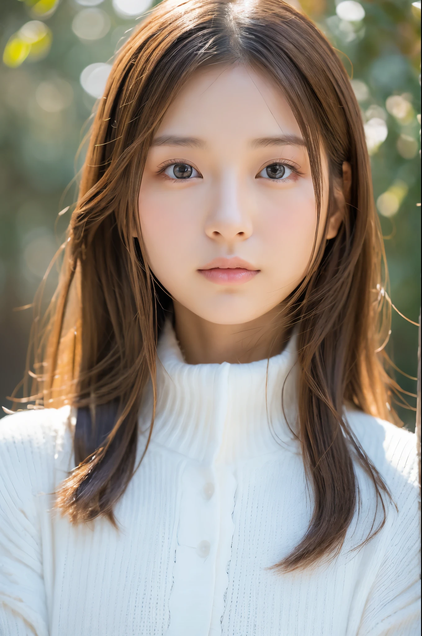 Young japanese lady, 30s, White background, It features a simple背景, white-brown hair, slender, 4K, in 8K, High quality, Beauty, Beautiful eyes, It features a simple, High resolution,1 person,Beautiful skins,Beautiful skin,wearing a white knit,Winters