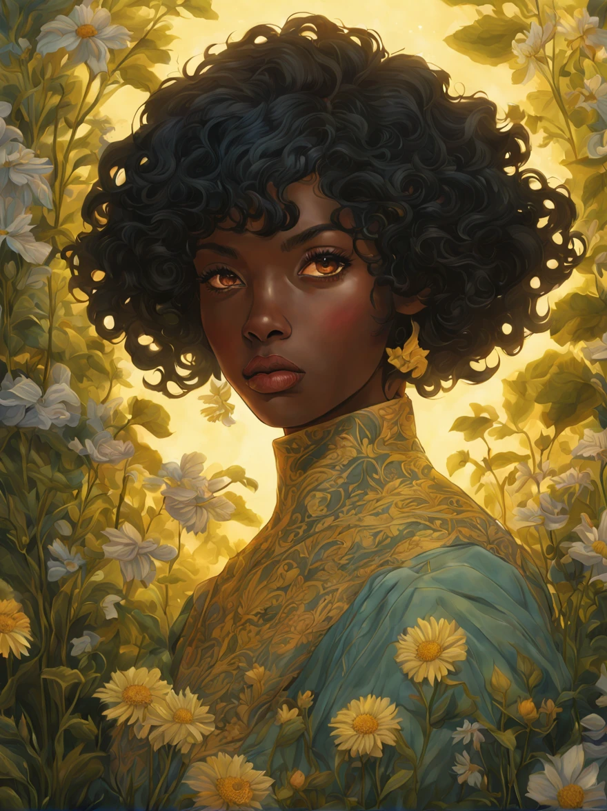 a glamorous herbalist , she is surrounded by magical herbs in a moonlit meadow, black hair, short hair, curly hair, dark-skinned female, dark skin, yellow eyes, mole under eye, ultra wide shot, thick lips, masterpiece, best quality, intricate detail, dimly light dramatic lighting , art by Martine Johanna, anime network, anime style