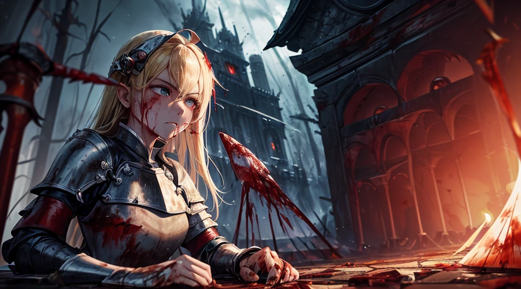 masterpiece,best quality,ultra detailed,(1 Fallen Female Knight),upper body shot,The fire sword,blonde hair,long hair,blue eye,straight hair,(ThunderStorm:1,5),darksouls,(fire:1.4),(Rainy:0.9),((blood dripping from mouth:1.2)),(((profuse bleeding:1.6))),castle town