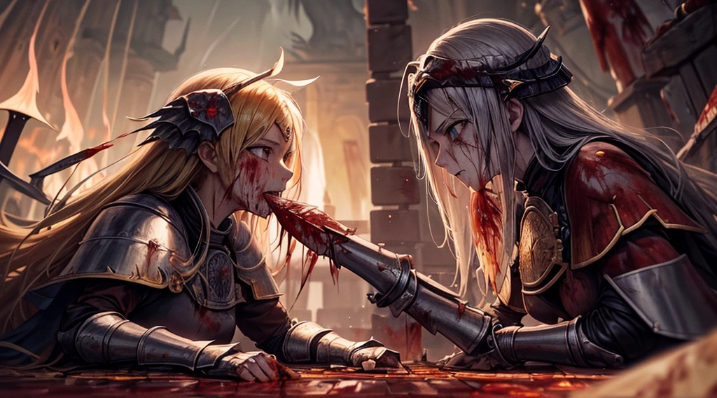 masterpiece,best quality,ultra detailed,(1 Fallen Female Knight),upper body shot,The fire sword,blonde hair,long hair,blue eye,straight hair,(ThunderStorm:1,5),darksouls,(fire:1.4),(Rainy:0.9),((blood dripping from mouth:1.2)),(((profuse bleeding:1.6))),castle town