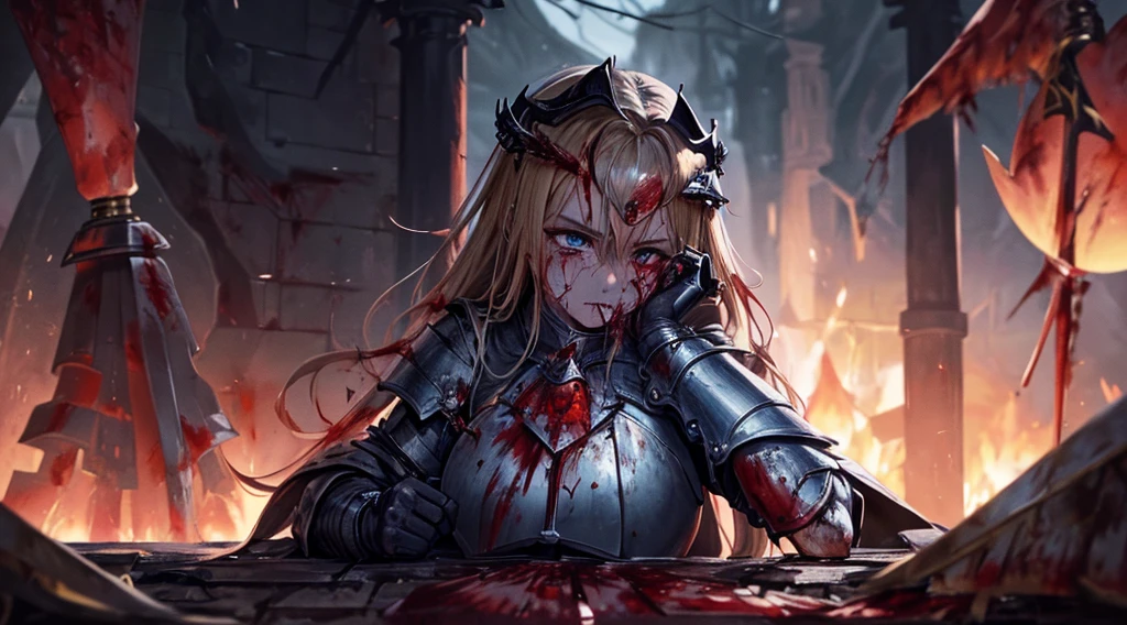 masterpiece,best quality,ultra detailed,(1 Fallen Female Knight),upper body shot,The fire sword,blonde hair,long hair,blue eye,straight hair,(ThunderStorm:1,5),darksouls,(fire:1.4),(Rainy:0.9),((blood dripping from mouth:1.2)),(((profuse bleeding:1.6))),castle town