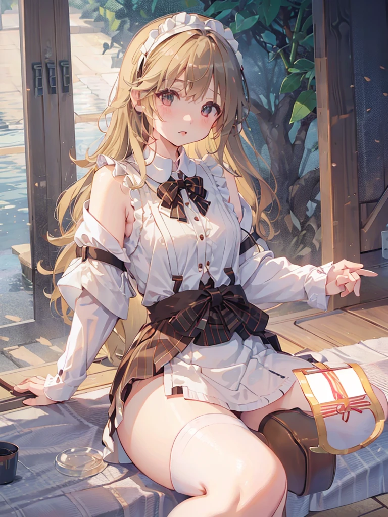 A -yeld giwith a cute Alice in Wonderland blonde wavy headband.、Sitting naked、She spreads her legs wide and shows her butt., anus, and small nipples.。I do not wear underwear。Pose seen from below。are small。Pose that shows your anus。 and anus are spread。Spreading legs with both hands。take off the apron dress。。NFSW
