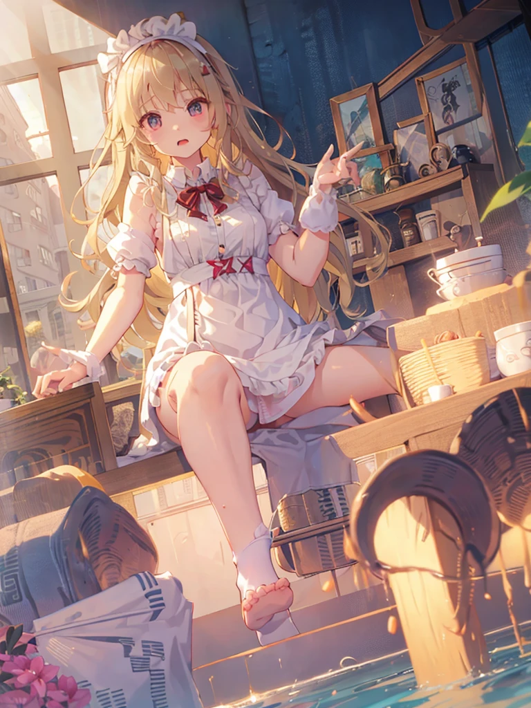 A -yeld giwith a cute Alice in Wonderland blonde wavy headband.、Sitting naked、She spreads her legs wide and shows her butt., anus, and small nipples.。I do not wear underwear。Pose seen from below。are small。Pose that shows your anus。 and anus are spread。Spreading legs with both hands。take off the apron dress。。NFSW