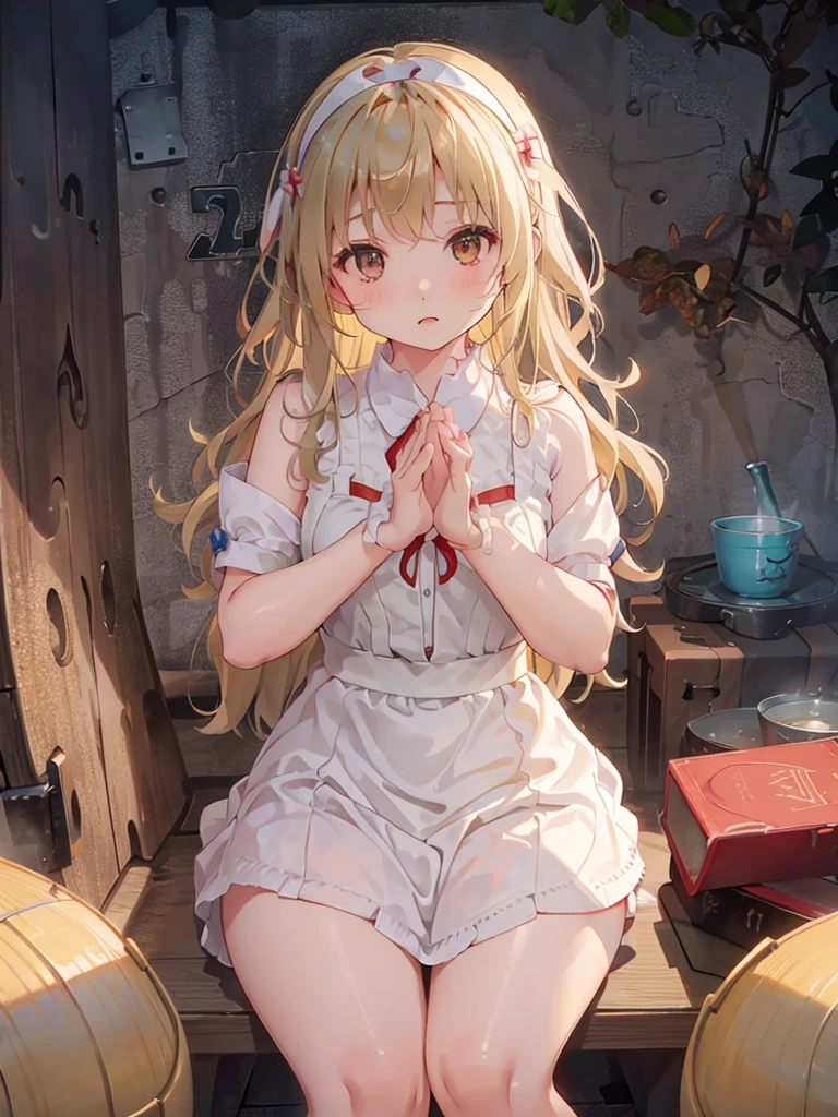 A 12-year-old girl with a cute Alice in Wonderland blonde wavy headband.、Sitting naked、She spreads her legs wide and shows her butt., anus, and small nipples.。I do not wear underwear。Pose seen from below。are small。Pose that shows your anus。 and anus are spread。Spreading legs with both hands。take off the apron dress。。NFSW