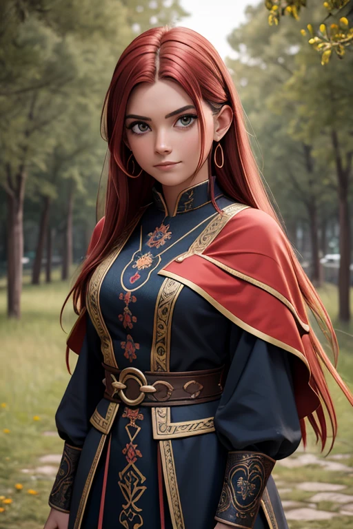 [Retrato de cuerpo entero] [Nordic fashion model aged 18-23]  [caminando de frente]  [color de cabello rojo] [vestido como un estilo vikingo de guerreros]  [espada] [Happy expression on face] [Paisaje de bosque y primavera] [type of illumination: natural  lighting], extremadamente realista, 8k, detalles locos, detalles intrincados, bellamente graduado de color, Color Grading, Cinematographer editorial, Cinematographer, bokeh, tomada con una lente de 60 mm, ISO 300, f / 4, 1/200th