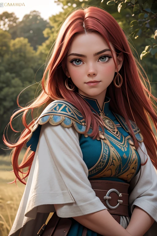 [Retrato de cuerpo entero] [Nordic fashion model aged 18-23]  [caminando de frente]  [color de cabello rojo] [vestido como un estilo vikingo de guerreros]  [espada] [Happy expression on face] [Paisaje de bosque y primavera] [type of illumination: natural  lighting], extremadamente realista, 8k, detalles locos, detalles intrincados, bellamente graduado de color, Color Grading, Cinematographer editorial, Cinematographer, bokeh, tomada con una lente de 60 mm, ISO 300, f / 4, 1/200th