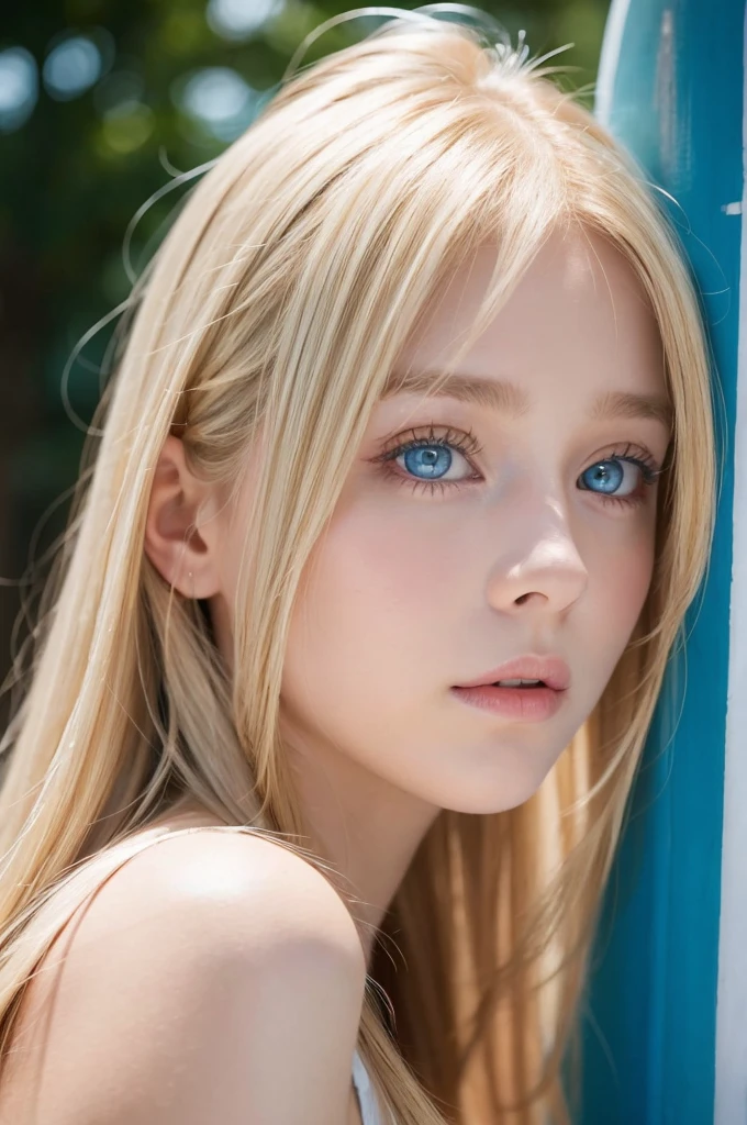 A woman with long light blonde hair and bright light blue eyes is taking a photo, very big eyes、gorgeous young beautiful model, bangs between the eyes、Portrait Sophie Mudd, Beautiful beautiful girl model, cute young beautiful girl, very beautiful young girl, portrait of a beautiful model, Beautiful young girl, Beautiful young woman, a photography of a beautiful woman, face perfect, 16-year-old female model, Beautiful young face, blonde white beautiful girl