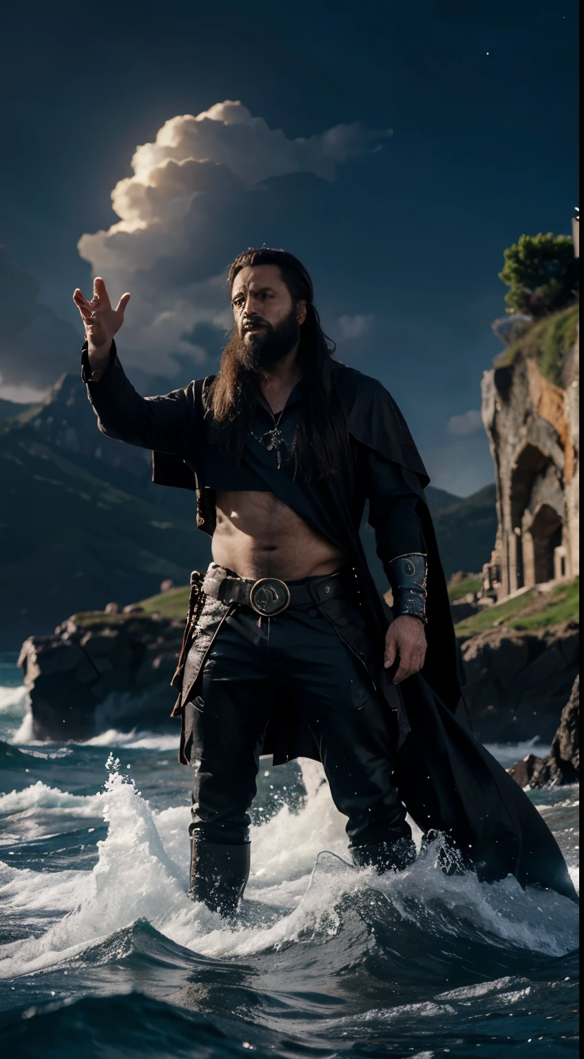 "(best quality,highres,masterpiece:1.2)Dark prophet,black-bearded,(man) standing on a cliff,summoning a sea monster,illustration,ultra-detailed,sharp focus,dramatic lighting,vivid colors,oceanic backdrop"