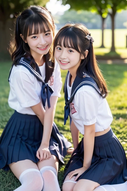 (((​masterpiece))),  (Two beautiful Japan girls, classmates, Innocence，kawaii) ，超A high resolution, Realistic, ultra-detailliert, 8K,top-quality, Extremely detailed, Detailed background,A slender,very beautiful japanese girl, Detailed face:1.3), (cute short hair，A dark-haired :1.4), (a baby face，kawaii系,adorable 14 year old girl), (Perfect body:1.1),  (Neat sailor suit，Dark blue pleated mini skirt、Dark blue high socks、lowfers), ,Two beautiful girls sitting on the grass in the park，laughing as hard as he can，Please show me your beautiful teeth,rosy cheeks，Panties are visible，Super Detailed Face、Detailed lips、A detailed eye、small gravure idol，Transparent skin、Lori，japanese hight school uniform