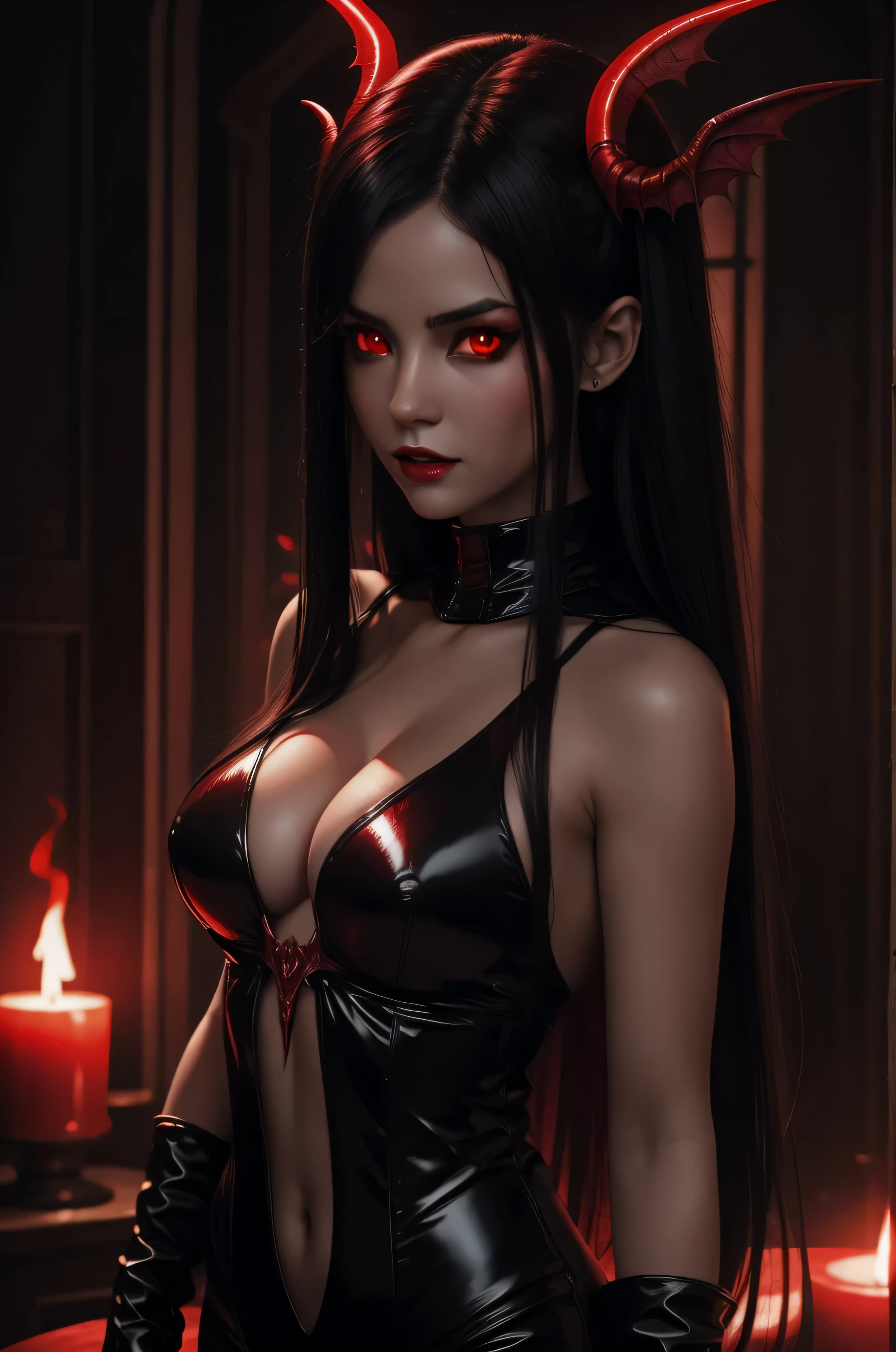 8k, photoreal, red succubus woman, in hell, hellfires, black wings, seductive clothes, glowing red eyes, long black hair, beautiful, seductive, succubus, red