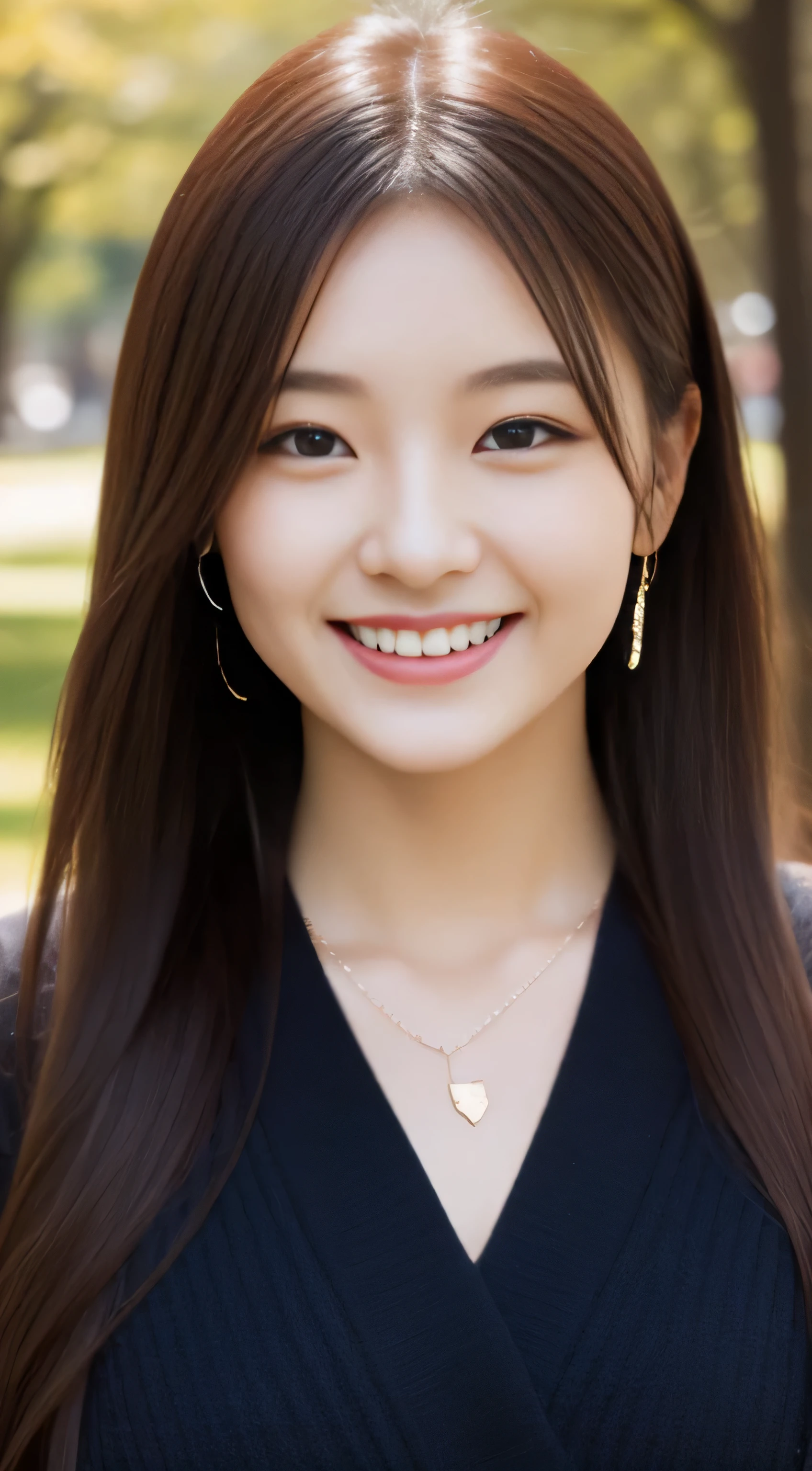 The face of the hostess、Winter Outfit、hiquality、A hyper-realistic、healthy、Smiling expression、Slender perfect figure、Japan beauties、 a necklace、perfect eyes beautiful skin、The upper part of the body、a park
