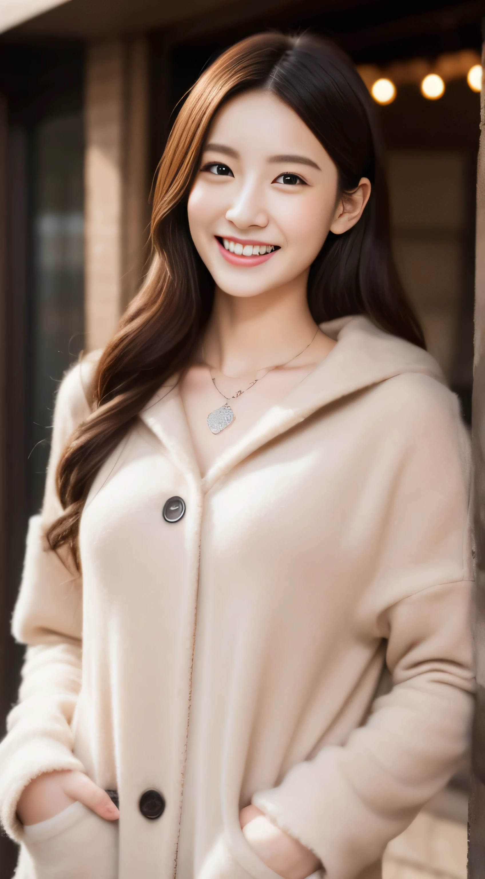 The face of the hostess、Winter Outfit、hiquality、A hyper-realistic、healthy、Smiling expression、Slender perfect figure、Japan beauties、 a necklace、perfect eyes beautiful skin、The upper part of the body、newyork