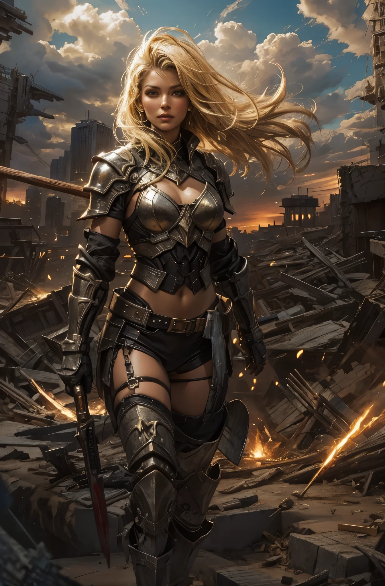 Dry sand dystopian world, dust and wind, in shattered concrette build ruins, servicing beautiful sexy blonde black haired woman victim warrior in rags and torn under panties, holding sharpend wooden stick tip covered in blood, no armor, no guns,  36k resolution, hyperdetailed, modern impresionism sereal and realism art style