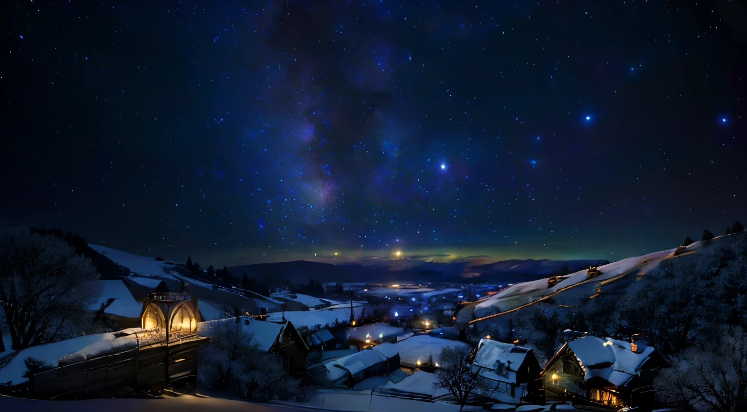 Ultra realistic digital painting of a girl sleeping in her bedroom, located in a quaint village home with windows showing the night sky, tranquil rural setting, rolling green hills in the distance, dark night outside but illuminated by moonlight and stars, inside her quiet bedroom lit by a single lamp, peaceful slumber, strewn books and belongings, cozy atmosphere, beautiful innocent sleeping face, painted sky filled with glittering stars, tranquil, idyllic rural scene, highly detailed textures, cinematic 16:9 aspect ratio digital work of art, by Greg Rutkowski, John Atkinson Grimshaw and Alphonse Mucha.