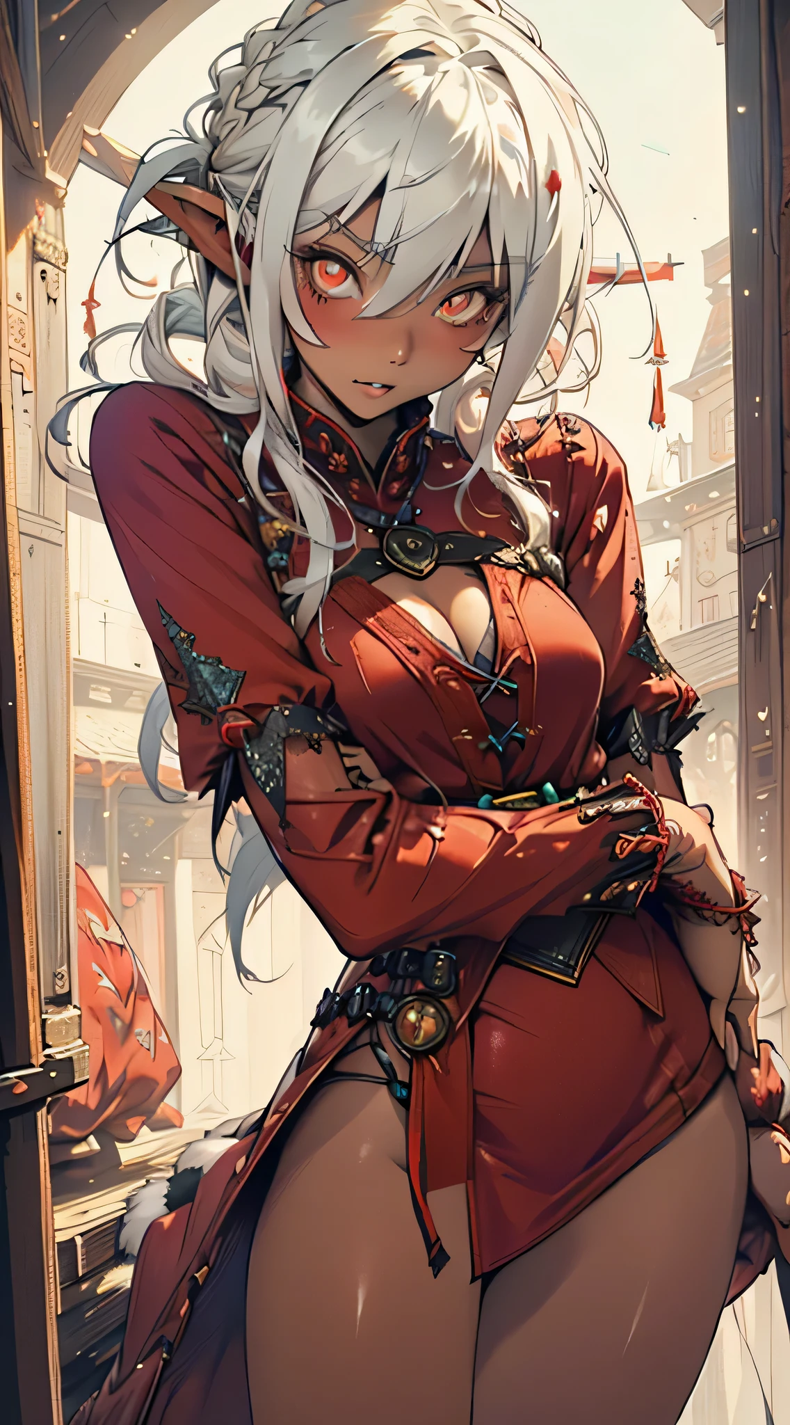 Nisei Muramasa, cute elf loli,girl, 1girl,(((little loli,tiny little body,small))),(((6 *********))),((anime elf loli with extremely cute and beautiful white hair)),(((elf, elf earlat chest))),((((white hair:1.35,ponytail braid hair,colored inner hair,ear breathing)))),(((red_eyes:1.3))),intricate eyes,beautiful detailed eyes,symmetrical eyes,big eyes:1.5,(((lustrous skin:1.5,bright skin: 1.5,skin tanned,shiny skin,very shiny skin,shiny body,plastic glitter skin,exaggerated shiny skin,illuminated skin))),(delicate detailed fingers,detailed body,detailed arms,human hands,(detailed face)), cute,slutty,erotic,daring,nsfw, zettai ryouiki,revealing clothing,show skin,(((Sexy red fur coat, red fur coat outfit, wearing a red fur coat:1.3,red winter coat))), ((red mini-skirt,red mini skirt with furry edge,visible thong straps)),((underpants strap)),(white gloves,red clothes,semi-naked,with little red clothing,((((furry edge clothing)))),(((intricate outfit,intricate clothes,embroidered outfit,ornate outfit,embroidered clothes,ornate clothes))), (dynamic pose:1.0),embarrassed,(centered,scale to fit dimensions,Rule of thirds), inside,indoor,((cozy gothic room)),scenery:1.25,((intricate scenery)),((winter decorations)),Christmas tree, (Glossy winter ornaments),highres,sharp focus,(ultra detailed,extremely detailed),(photorealistic artwork:1.37),(extremely detailed CG unity 8k wallpaper),(((vibrant colors,vibrant theme))),(intricate),(masterpiece),(best quality),