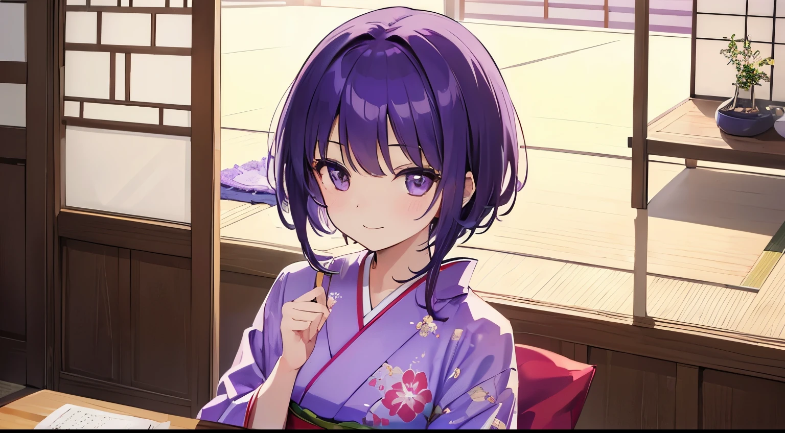 (tmasterpiece，4k wallpaper，best qualtiy))、((girl with１a person))、(独奏)、Brilliant，(Purple hair)、short-cut、a smile、close up of face、traditional Japanese room、kimono、January