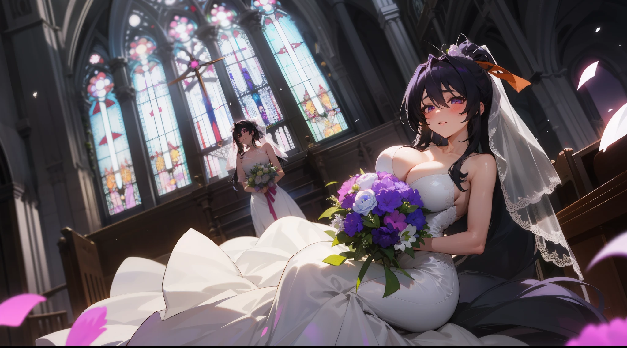 (1girl), himejima_akeno, black hair, ponytail, ((very long hair)), ribbon,), huge tits, purple Flowers, in a wedding dress, church, Bouquet in hands, bridal veil