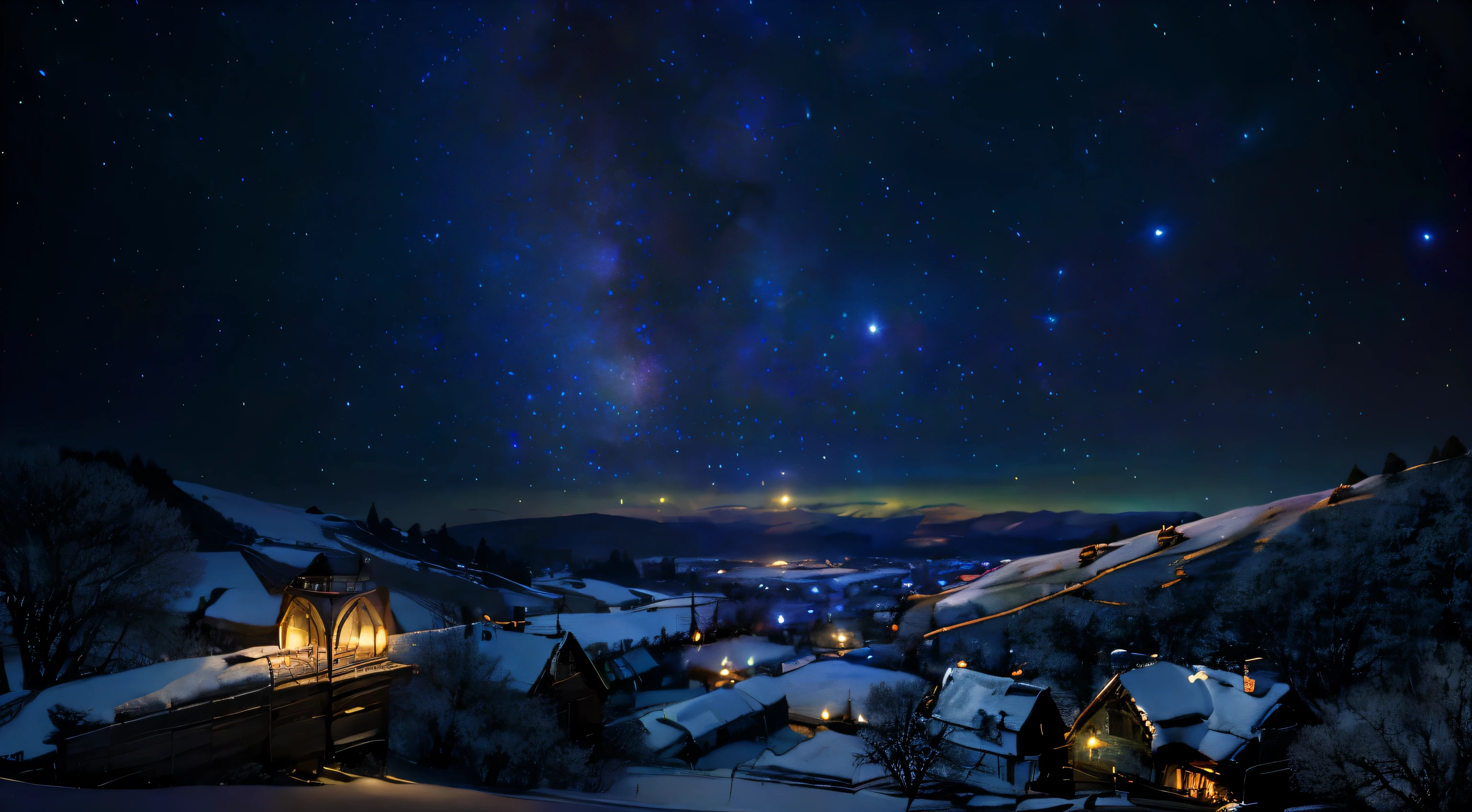 Ultra realistic digital painting of a girl sleeping in her bedroom, located in a quaint village home with windows showing the night sky, tranquil rural setting, rolling green hills in the distance, dark night outside but illuminated by moonlight and stars, inside her quiet bedroom lit by a single lamp, peaceful slumber, strewn books and belongings, cozy atmosphere, beautiful innocent sleeping face, painted sky filled with glittering stars, tranquil, idyllic rural scene, highly detailed textures, cinematic 16:9 aspect ratio digital work of art, by Greg Rutkowski, John Atkinson Grimshaw and Alphonse Mucha.